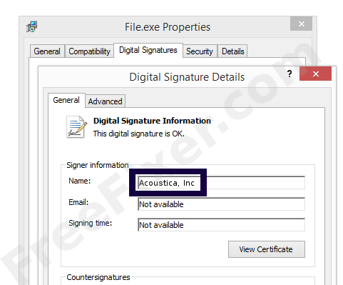 Screenshot of the Acoustica, Inc certificate
